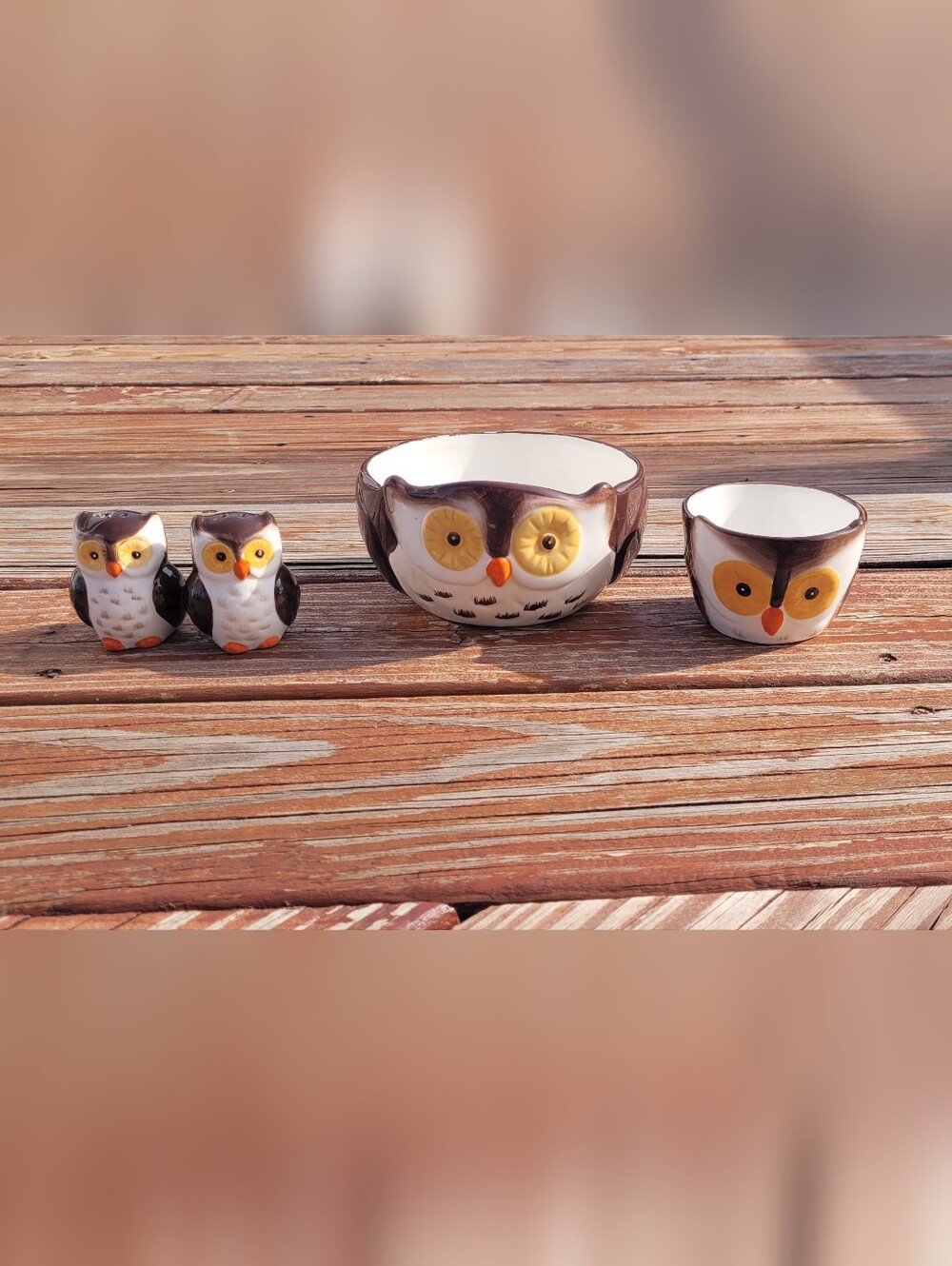 Owl Ceramic Bowl and Cups Set in Brown and Yellow - Home Accents